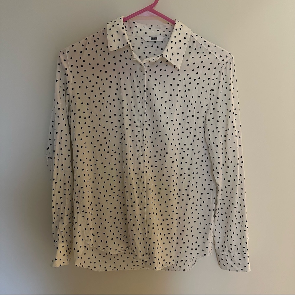 UNIQLO XXS oversized black and white polka dot office work professional blouse